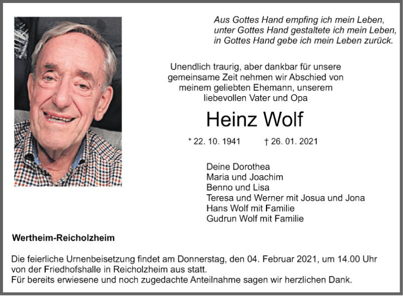  Traueranzeige für Heinz Wolf vom 02.02.2021 aus Fränkische Nachrichten