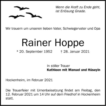 Traueranzeige von Rainer Hoppe von Schwetzinger Zeitung