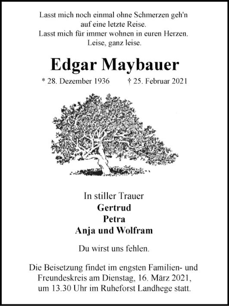  Traueranzeige für Edgar Maybauer vom 13.03.2021 aus Fränkische Nachrichten