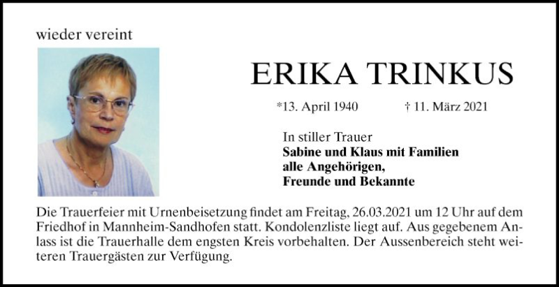  Traueranzeige für Erika Trinkus vom 20.03.2021 aus Mannheimer Morgen