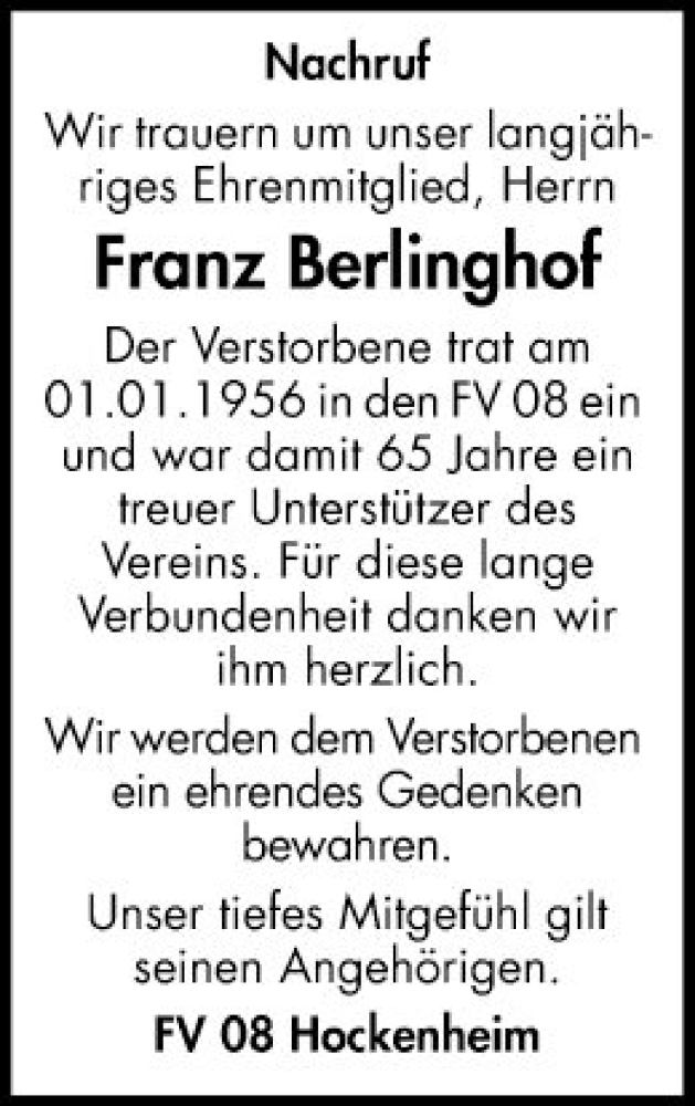  Traueranzeige für Franz Berlinghof vom 13.02.2021 aus Schwetzinger Zeitung