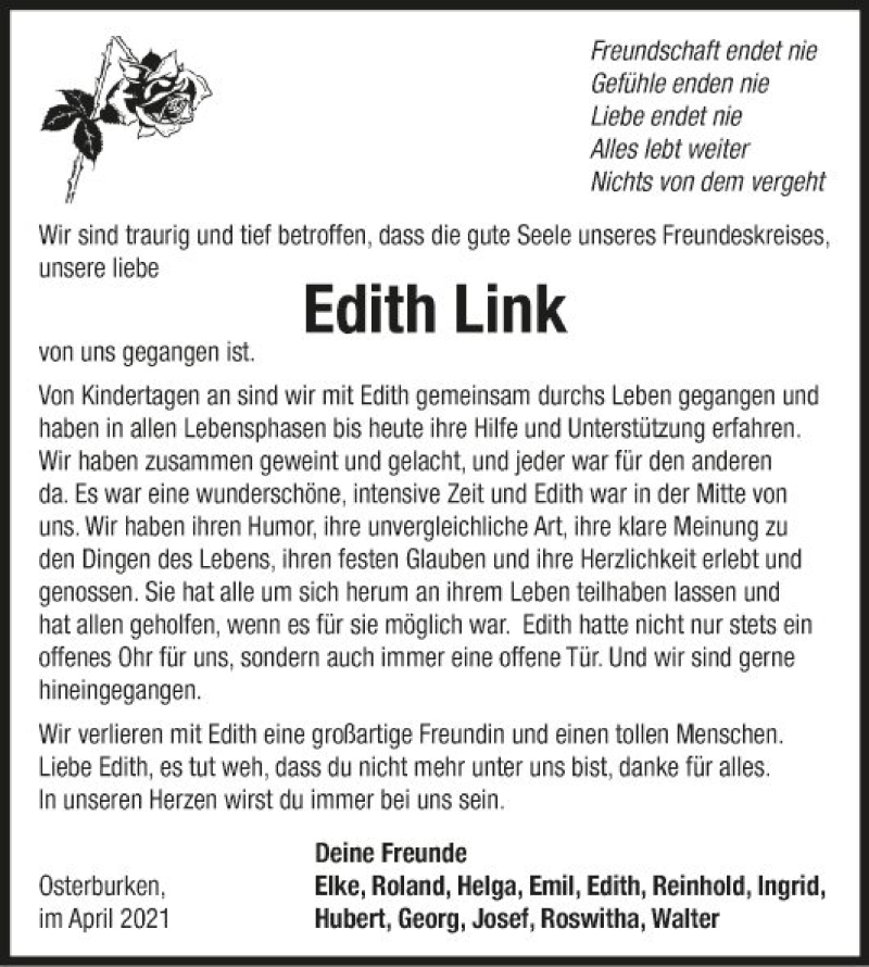  Traueranzeige für Edith Link vom 08.04.2021 aus Fränkische Nachrichten