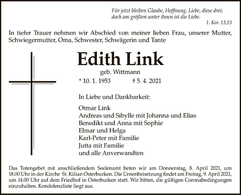  Traueranzeige für Edith Link vom 07.04.2021 aus Fränkische Nachrichten