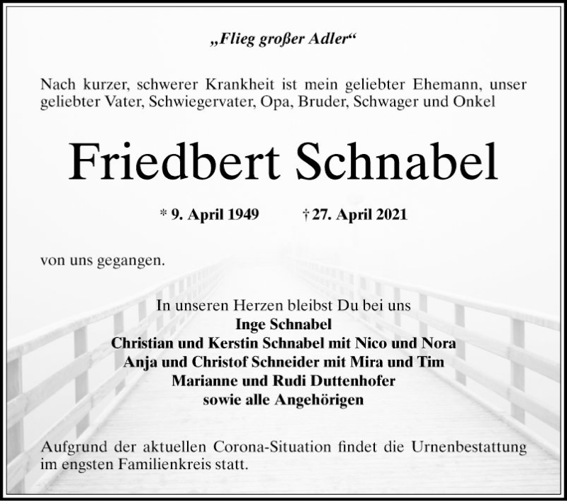  Traueranzeige für Friedbert Schnabel vom 30.04.2021 aus Schwetzinger Zeitung