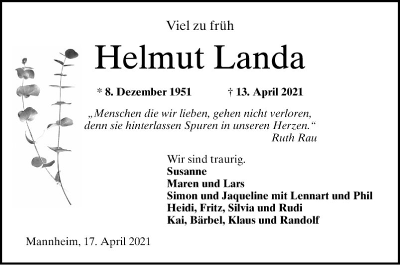  Traueranzeige für Helmut Landa vom 17.04.2021 aus Mannheimer Morgen