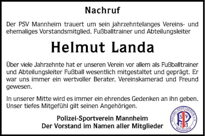  Traueranzeige für Helmut Landa vom 24.04.2021 aus Mannheimer Morgen