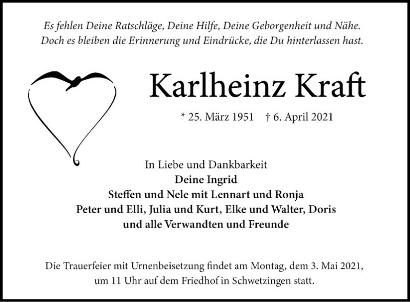  Traueranzeige für Karlheinz Kraft vom 17.04.2021 aus Schwetzinger Zeitung