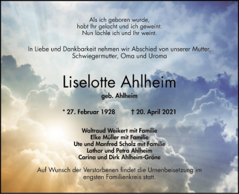 Traueranzeige von Liselotte Ahlheim von Bergsträßer Anzeiger