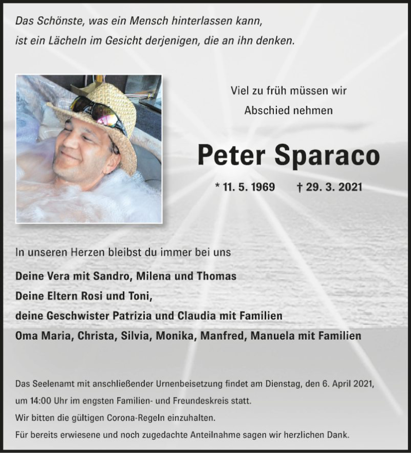  Traueranzeige für Peter Sparaco vom 03.04.2021 aus Fränkische Nachrichten