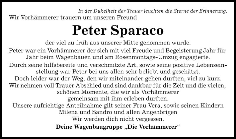  Traueranzeige für Peter Sparaco vom 03.04.2021 aus Fränkische Nachrichten