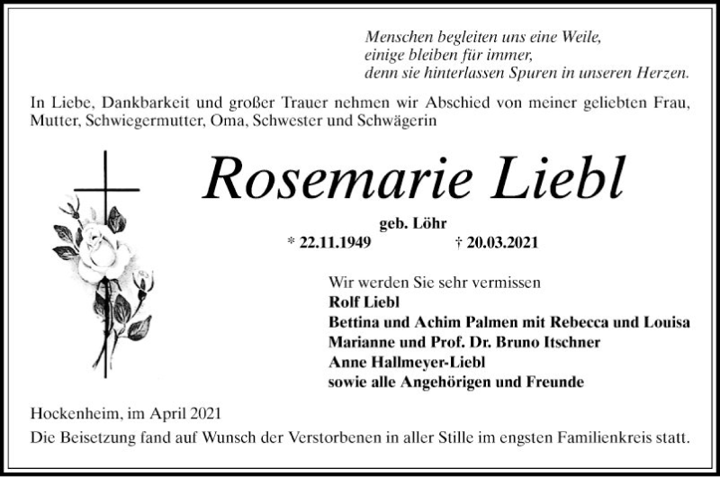  Traueranzeige für Rosemarie Liebl vom 03.04.2021 aus Schwetzinger Zeitung