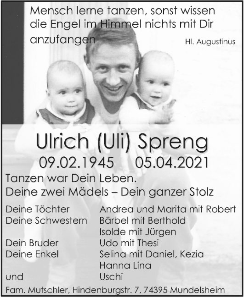  Traueranzeige für Ulrich Spreng vom 17.04.2021 aus Mannheimer Morgen