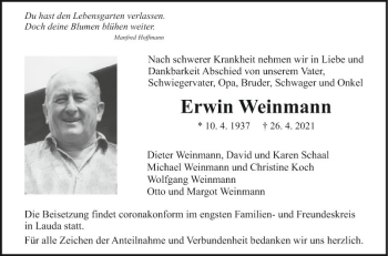 Traueranzeige von Erwin Weinmann von Fränkische Nachrichten