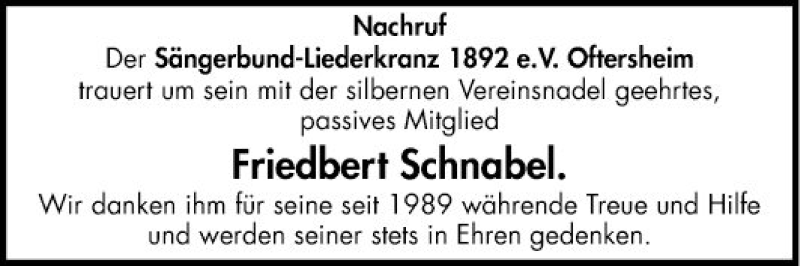  Traueranzeige für Friedbert Schnabel vom 03.05.2021 aus Schwetzinger Zeitung