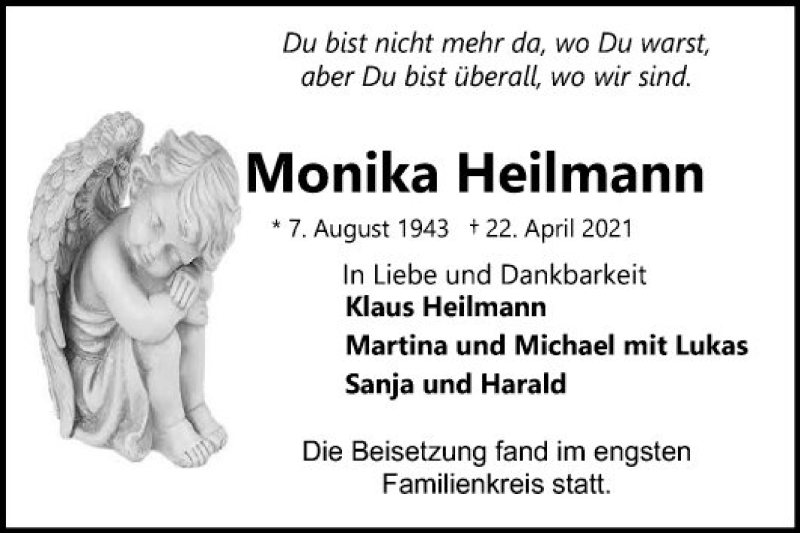  Traueranzeige für Monika Heilmann vom 06.05.2021 aus Schwetzinger Zeitung