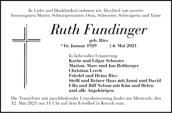 Traueranzeige von Ruth Fundinger von Schwetzinger Zeitung