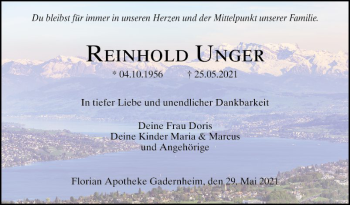 Traueranzeige von Reinhold Unger von Bergsträßer Anzeiger