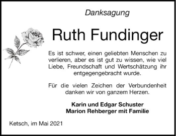 Traueranzeige von Ruth Fundinger von Schwetzinger Zeitung