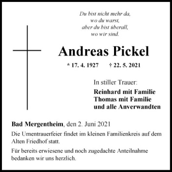 Traueranzeige von Andreas Pickel von Fränkische Nachrichten