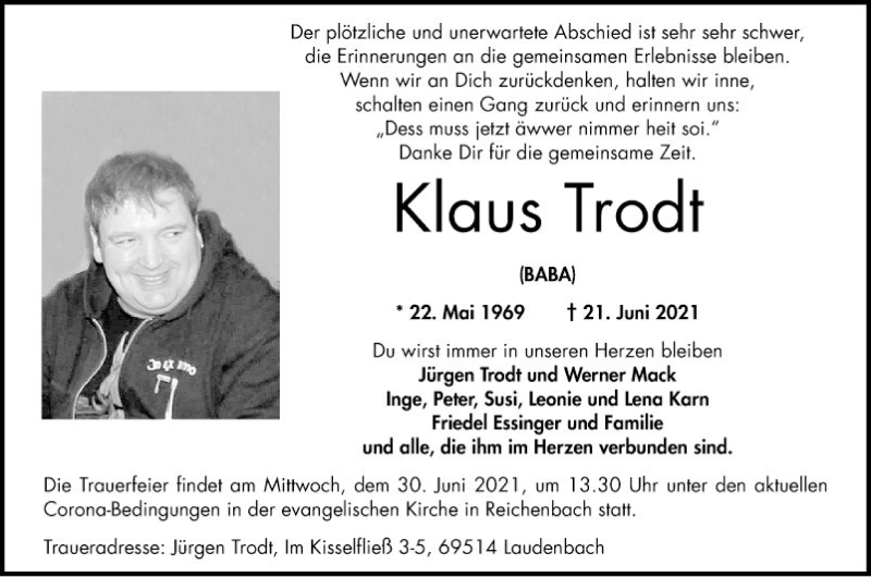  Traueranzeige für Klaus Trodt vom 26.06.2021 aus Bergsträßer Anzeiger