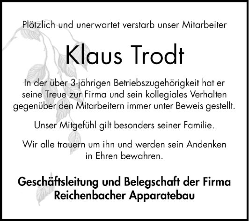  Traueranzeige für Klaus Trodt vom 26.06.2021 aus Bergsträßer Anzeiger