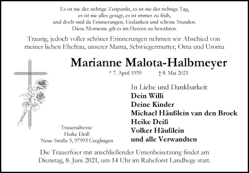  Traueranzeige für Marianne Malota-Halbmeyer vom 05.06.2021 aus Fränkische Nachrichten