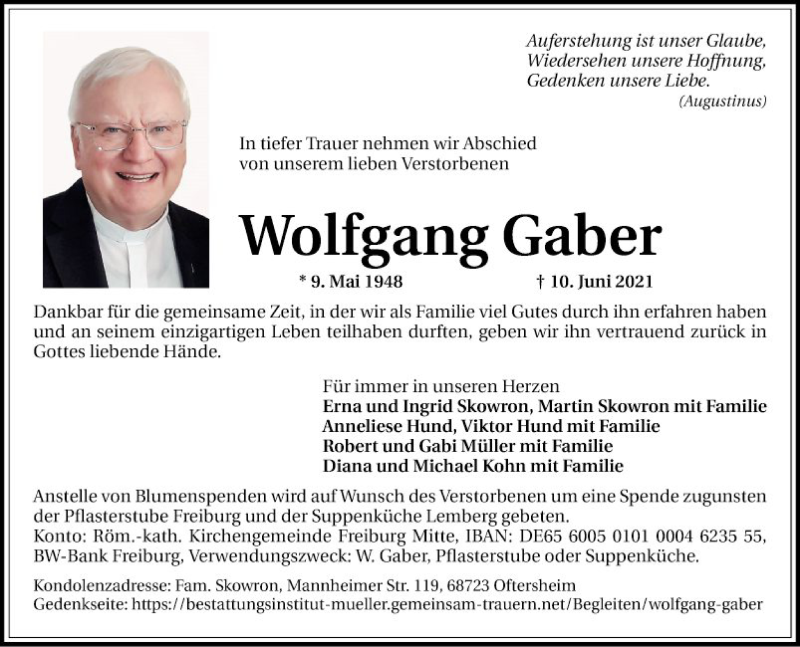  Traueranzeige für Wolfgang Gaber vom 15.06.2021 aus Schwetzinger Zeitung