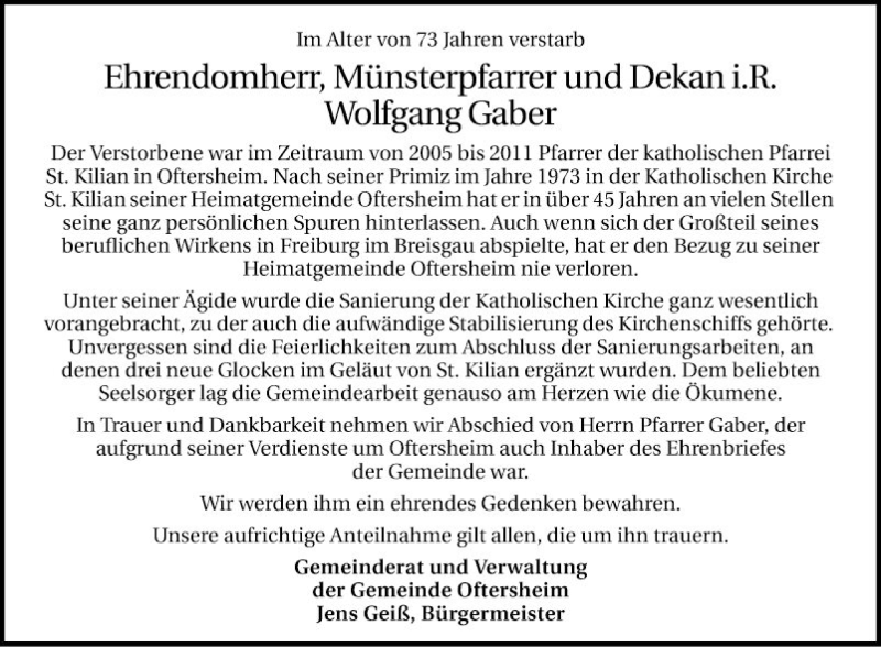  Traueranzeige für Wolfgang Gaber vom 15.06.2021 aus Schwetzinger Zeitung