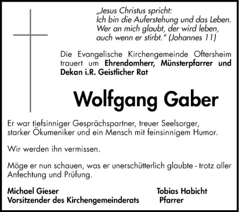  Traueranzeige für Wolfgang Gaber vom 16.06.2021 aus Schwetzinger Zeitung