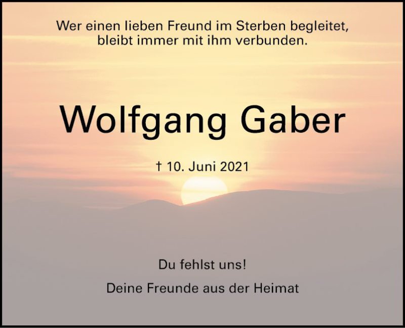  Traueranzeige für Wolfgang Gaber vom 17.06.2021 aus Schwetzinger Zeitung