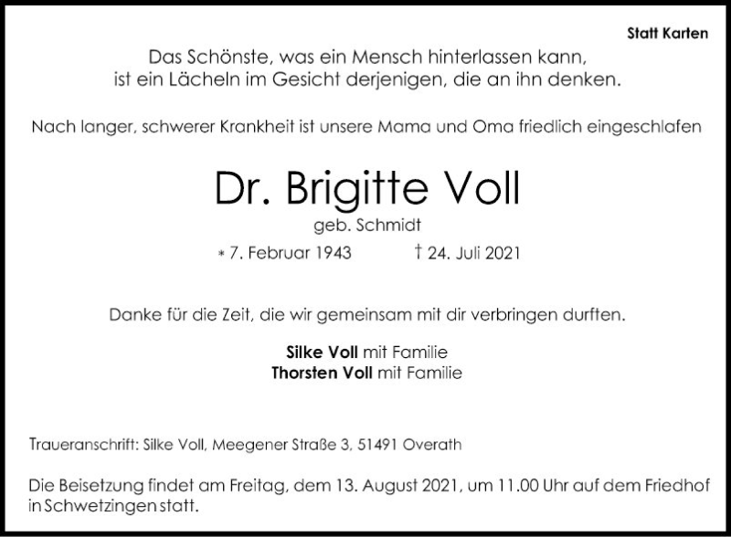  Traueranzeige für Brigitte Voll vom 31.07.2021 aus Schwetzinger Zeitung