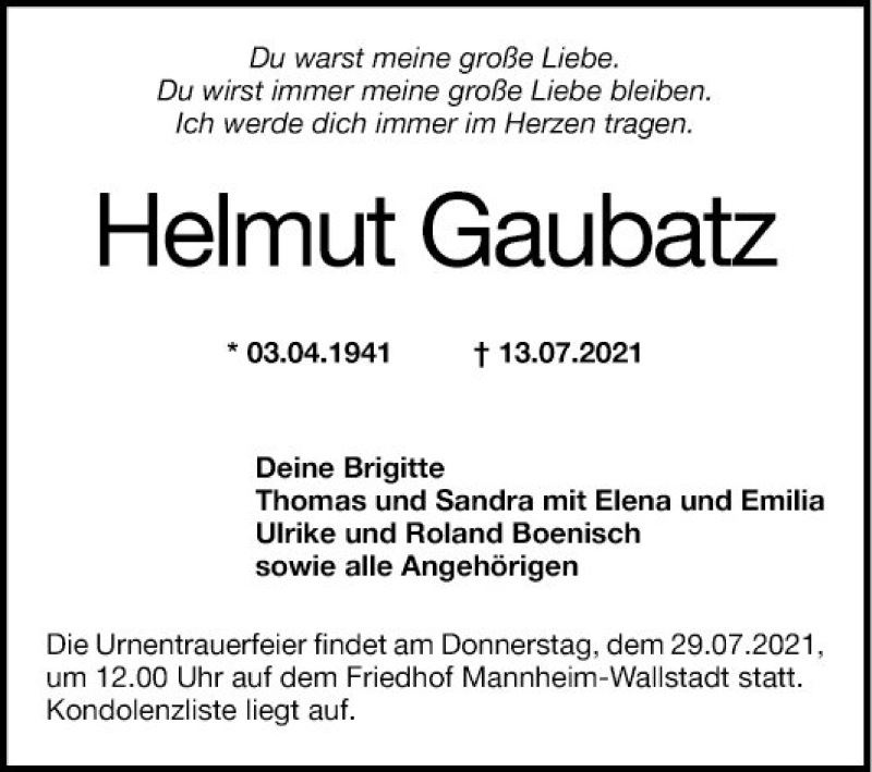 Traueranzeige für Helmut Gaubatz vom 24.07.2021 aus Mannheimer Morgen