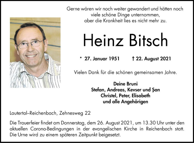  Traueranzeige für Heinz Bitsch vom 25.08.2021 aus Bergsträßer Anzeiger