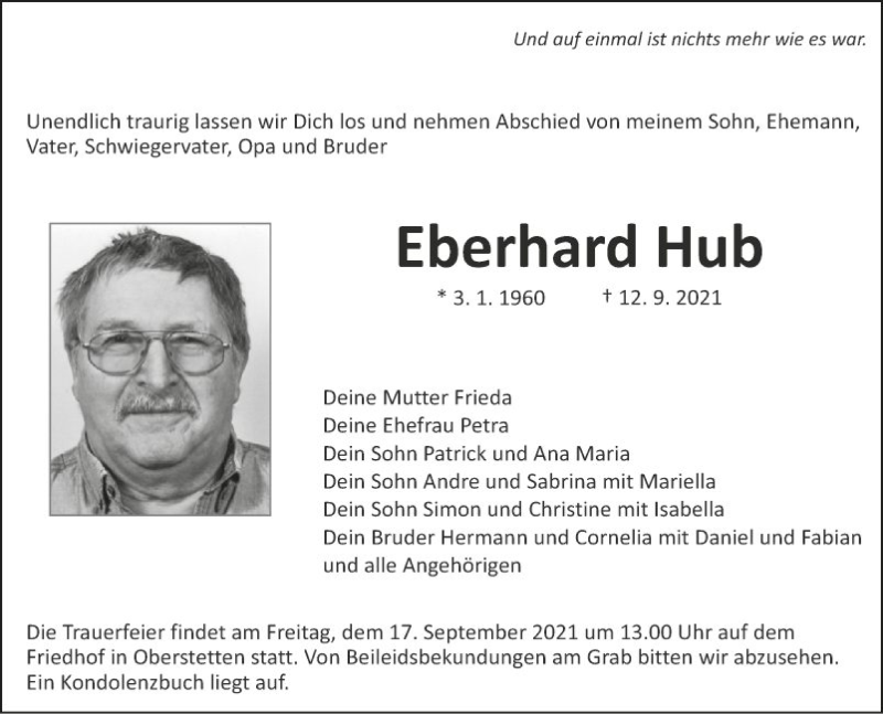  Traueranzeige für Eberhard Hub vom 15.09.2021 aus Fränkische Nachrichten