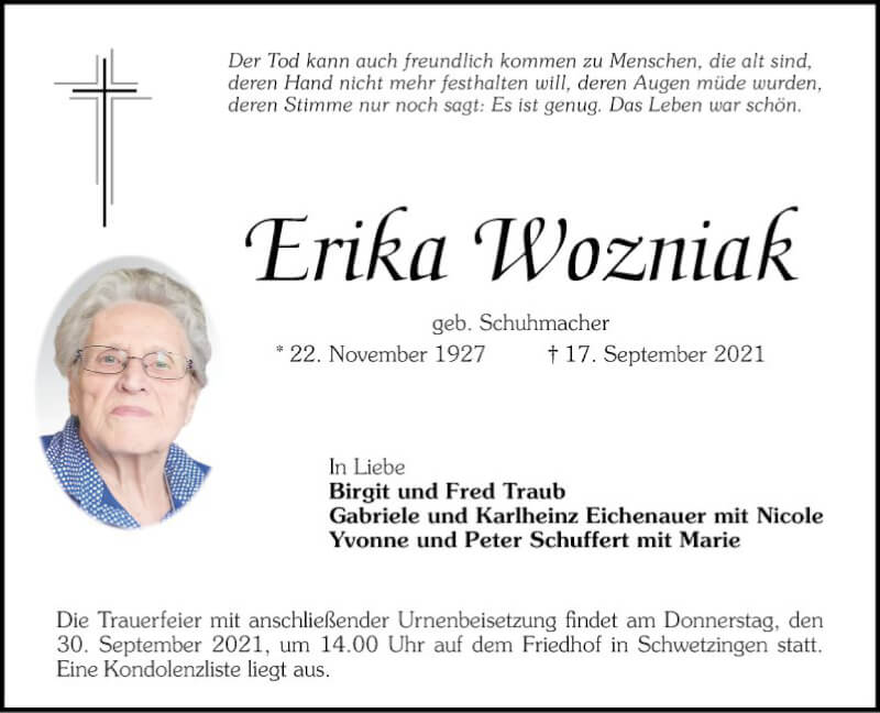  Traueranzeige für Trika Wozniak vom 25.09.2021 aus Schwetzinger Zeitung