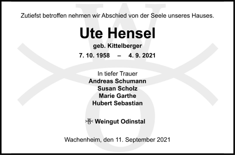  Traueranzeige für Ute Hensel vom 11.09.2021 aus Mannheimer Morgen