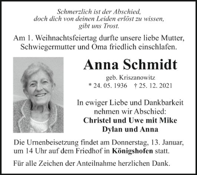  Traueranzeige für Anna Schmidt vom 07.01.2022 aus Fränkische Nachrichten