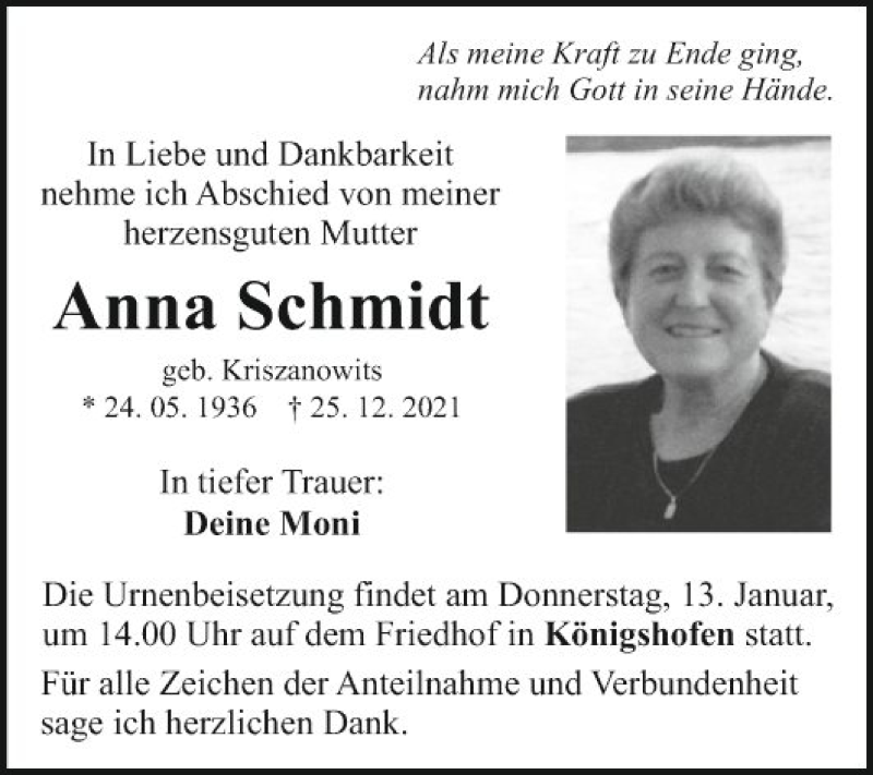  Traueranzeige für Anna Schmidt vom 08.01.2022 aus Fränkische Nachrichten