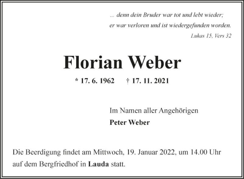  Traueranzeige für Florian Weber vom 15.01.2022 aus Fränkische Nachrichten