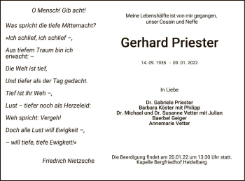 Traueranzeige von Gerhard Priester von Schwetzinger Zeitung