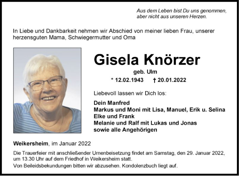  Traueranzeige für Gisela Knörzer vom 26.01.2022 aus Fränkische Nachrichten