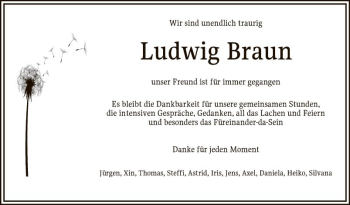 Traueranzeige von Ludwig Braun von Schwetzinger Zeitung