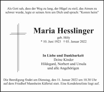 Traueranzeige von Maria Hesslinger von Mannheimer Morgen