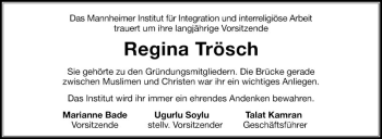 Traueranzeige von Regina Trösch von Mannheimer Morgen