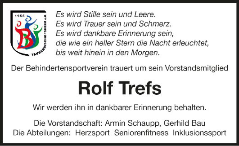  Traueranzeige für Rolf Trefs vom 15.01.2022 aus Fränkische Nachrichten