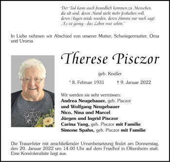 Traueranzeige von Therese Pisczor von Schwetzinger Zeitung