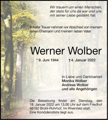 Traueranzeige von Werner Wolber von Schwetzinger Zeitung