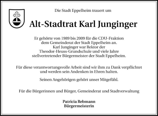 Traueranzeige von Karl Junginger von Schwetzinger Zeitung