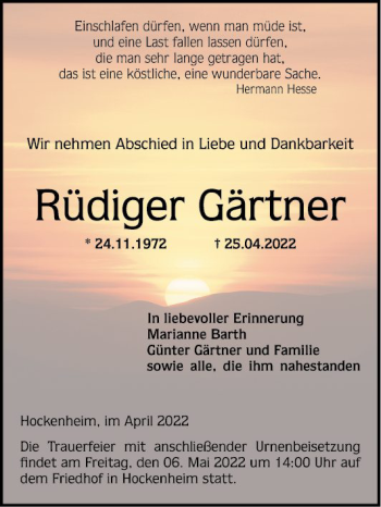 Traueranzeige von Rüdiger Gärtner von Schwetzinger Zeitung