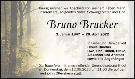 Traueranzeige von Bruno Brucker von Schwetzinger Zeitung